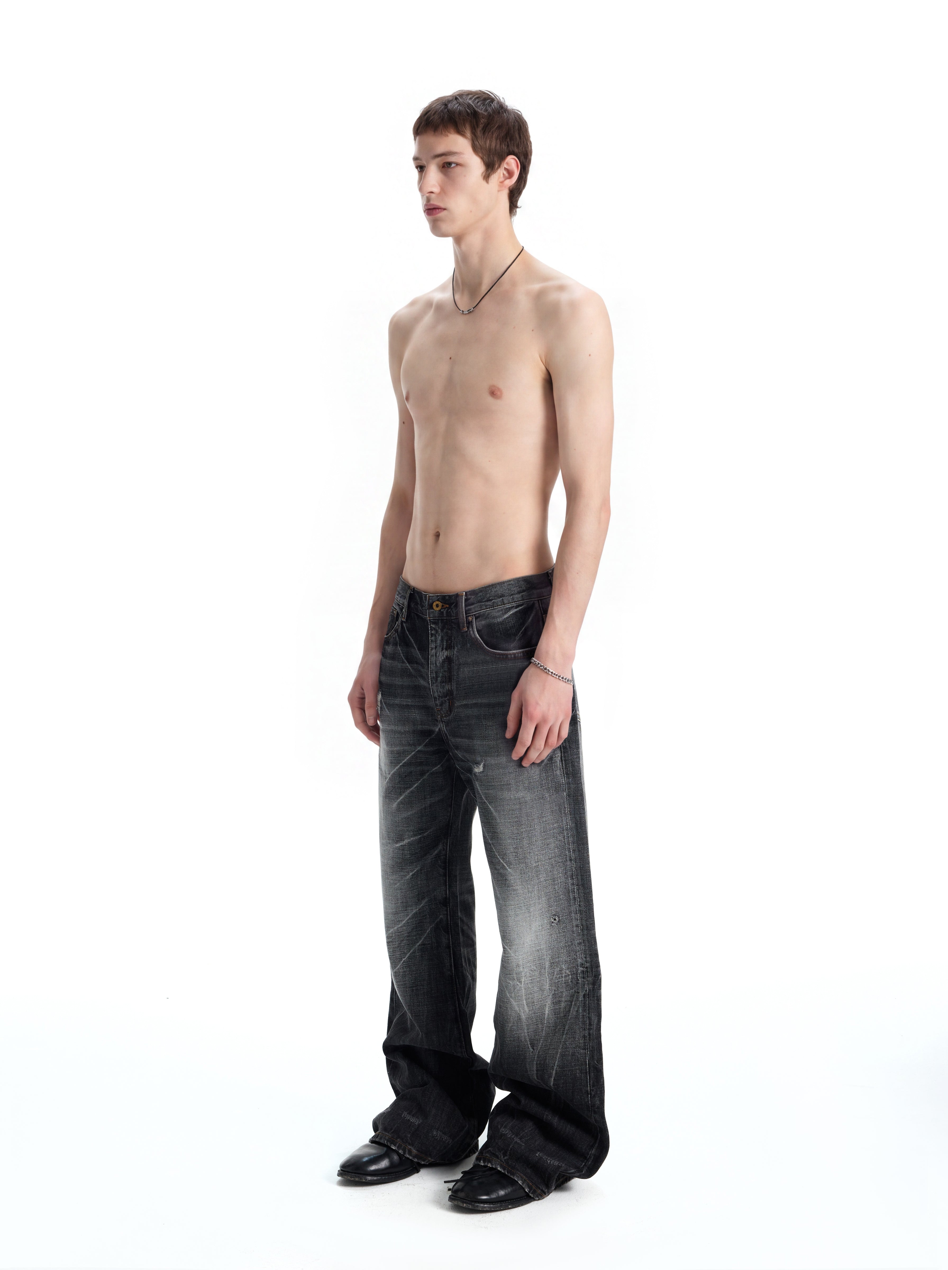 UNCLE RICH Charcoal Cracked Vintage Wash Flare Denim Jeans, Retro Distressed Crack Faded Bootcut Pants 002