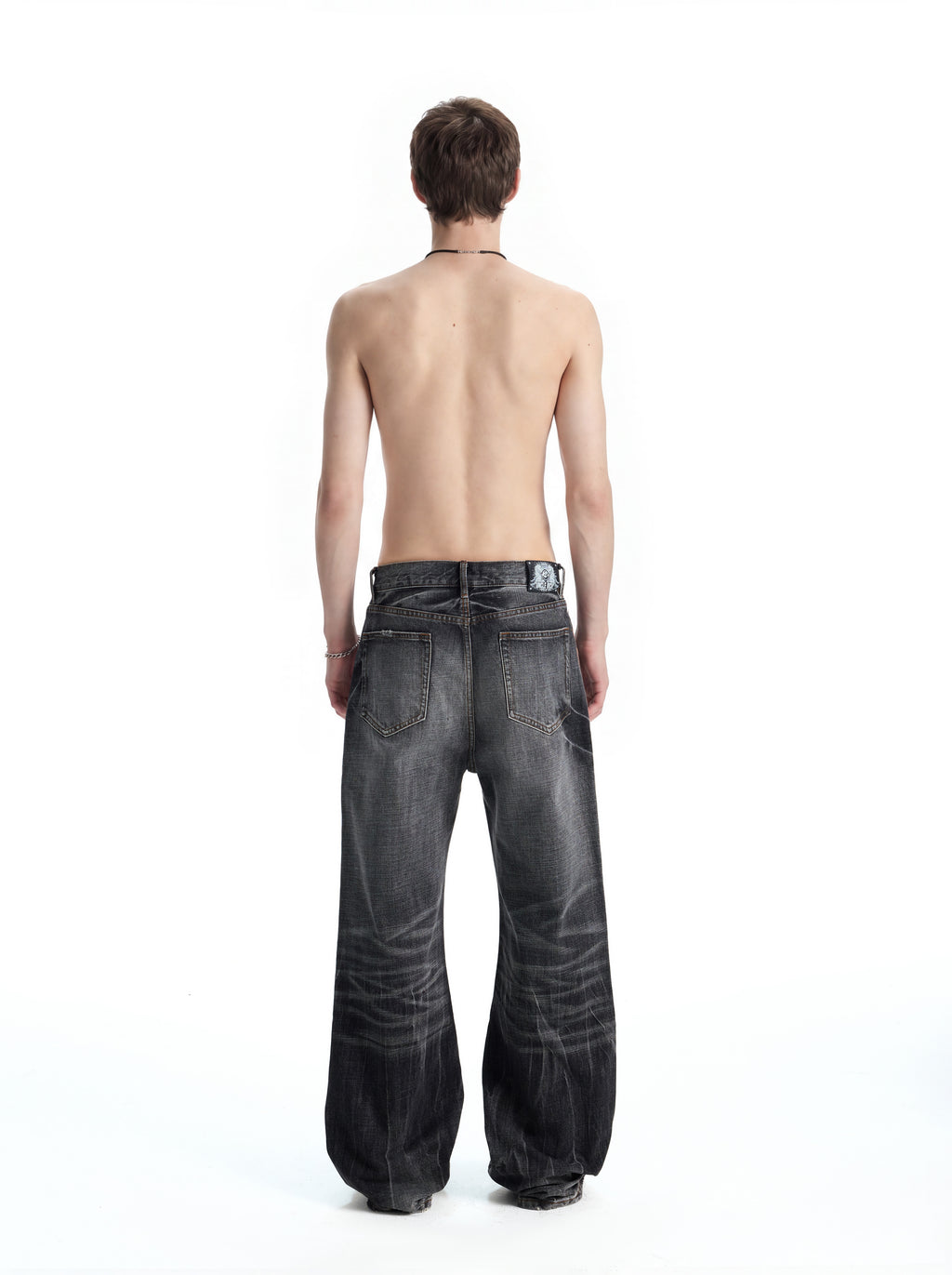 UNCLE RICH Charcoal Cracked Vintage Wash Flare Denim Jeans, Retro Distressed Crack Faded Bootcut Pants 002