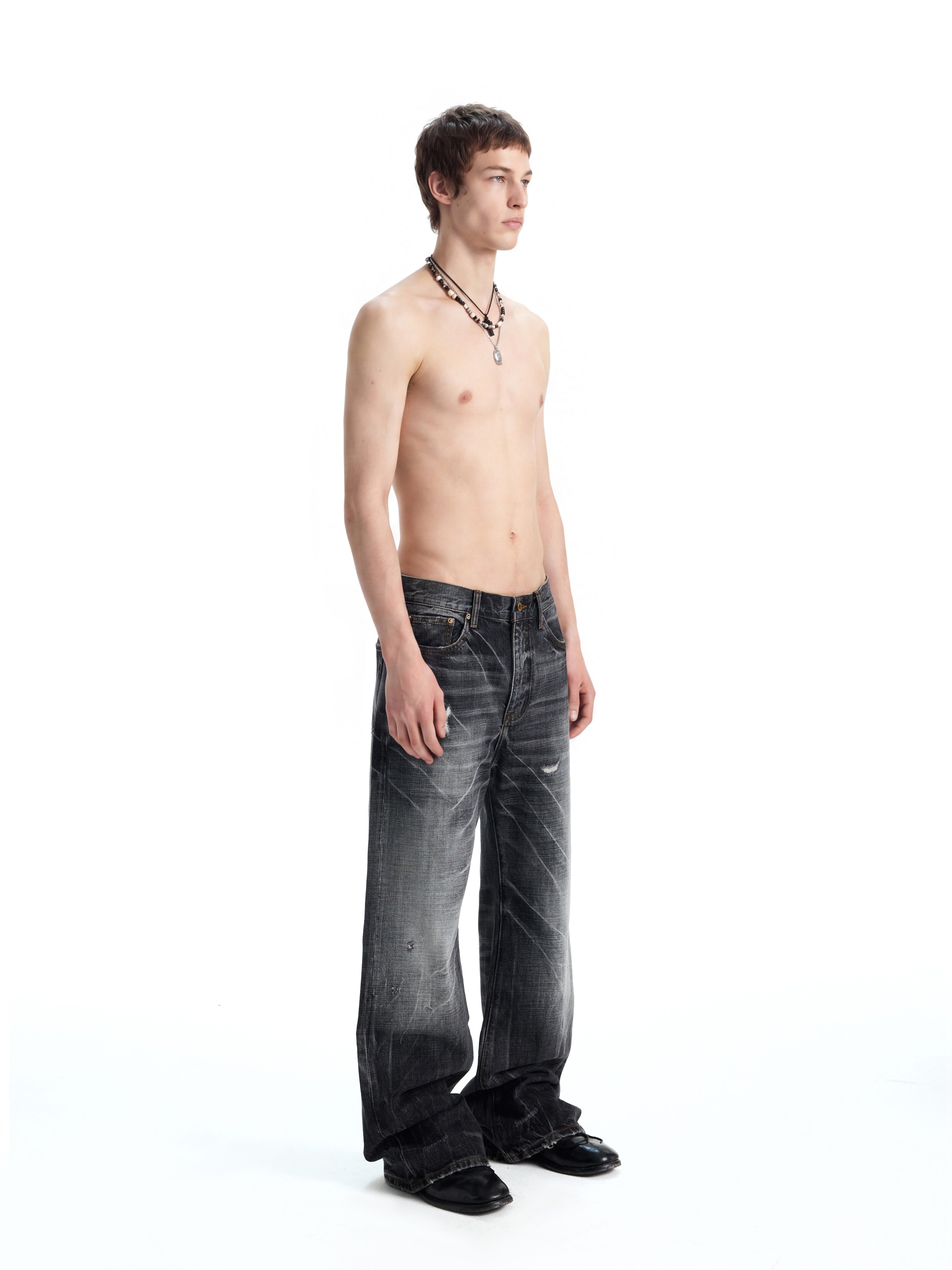 UNCLE RICH Charcoal Cracked Vintage Wash Flare Denim Jeans, Retro Distressed Crack Faded Bootcut Pants 002