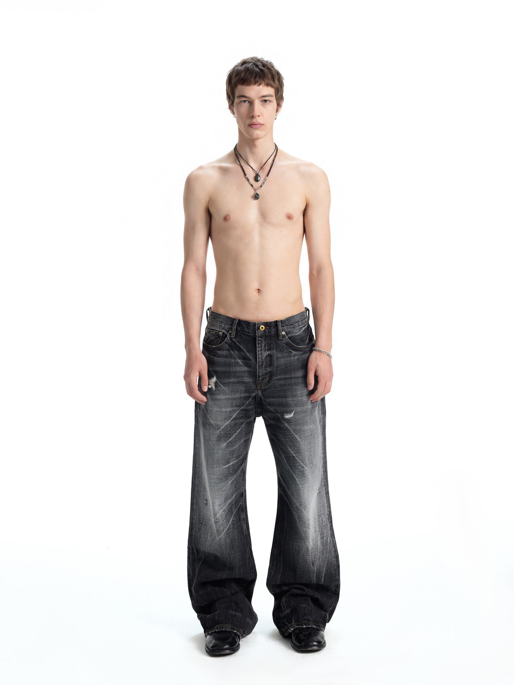 UNCLE RICH Charcoal Cracked Vintage Wash Flare Denim Jeans, Retro Distressed Crack Faded Bootcut Pants 002