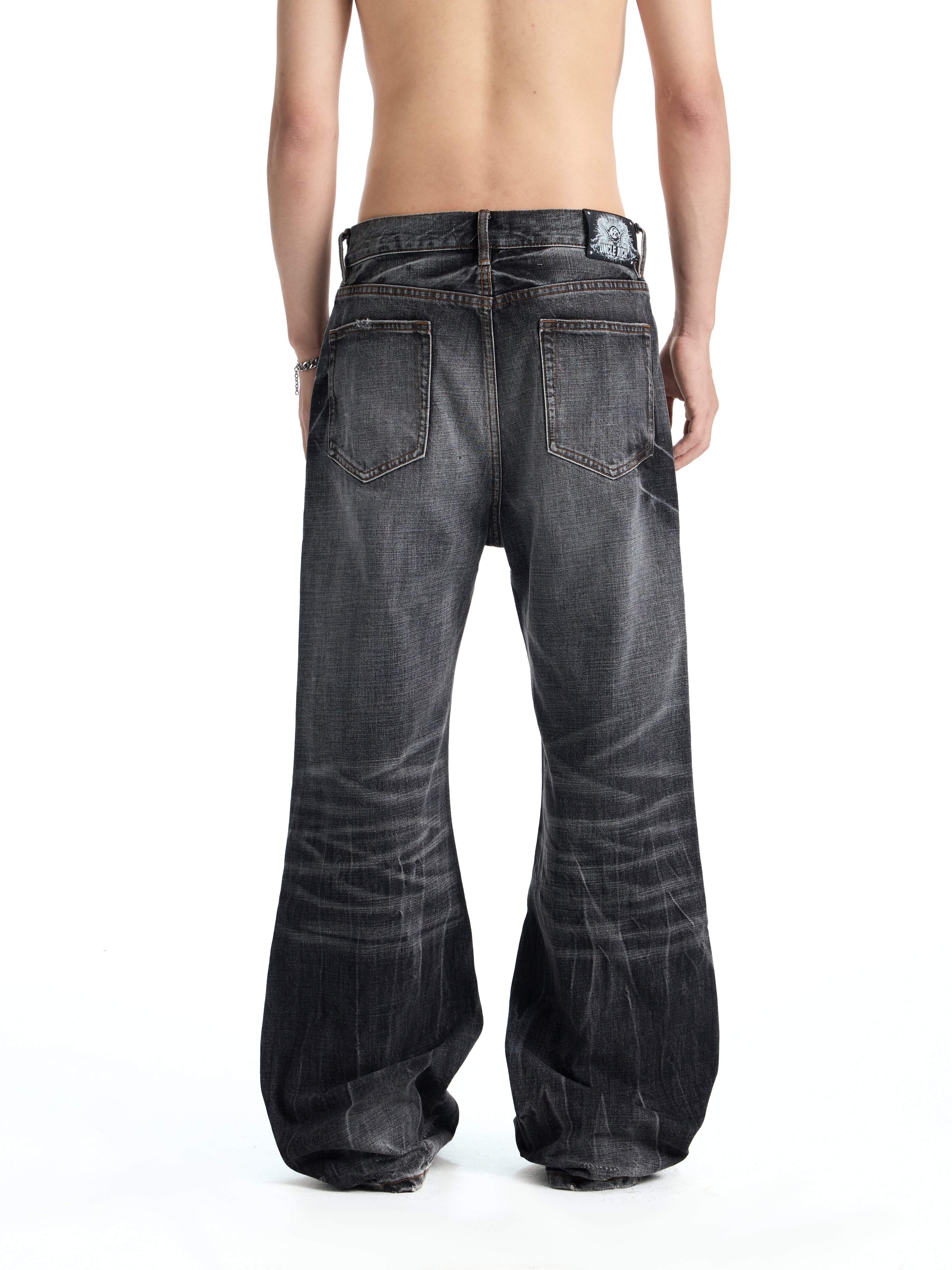 UNCLE RICH Charcoal Cracked Vintage Wash Flare Denim Jeans, Retro Distressed Crack Faded Bootcut Pants 002