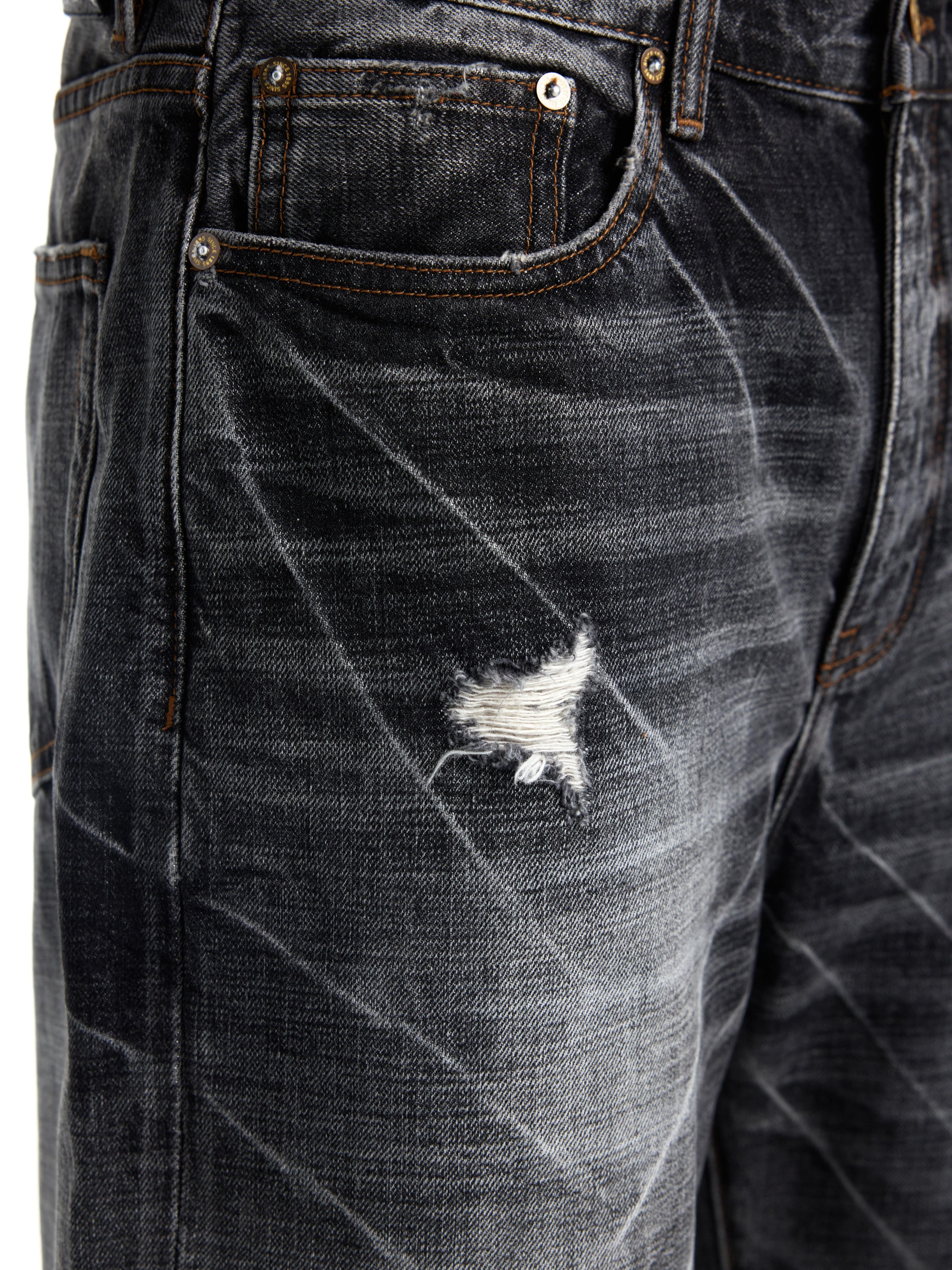 UNCLE RICH Charcoal Cracked Vintage Wash Flare Denim Jeans, Retro Distressed Crack Faded Bootcut Pants 002
