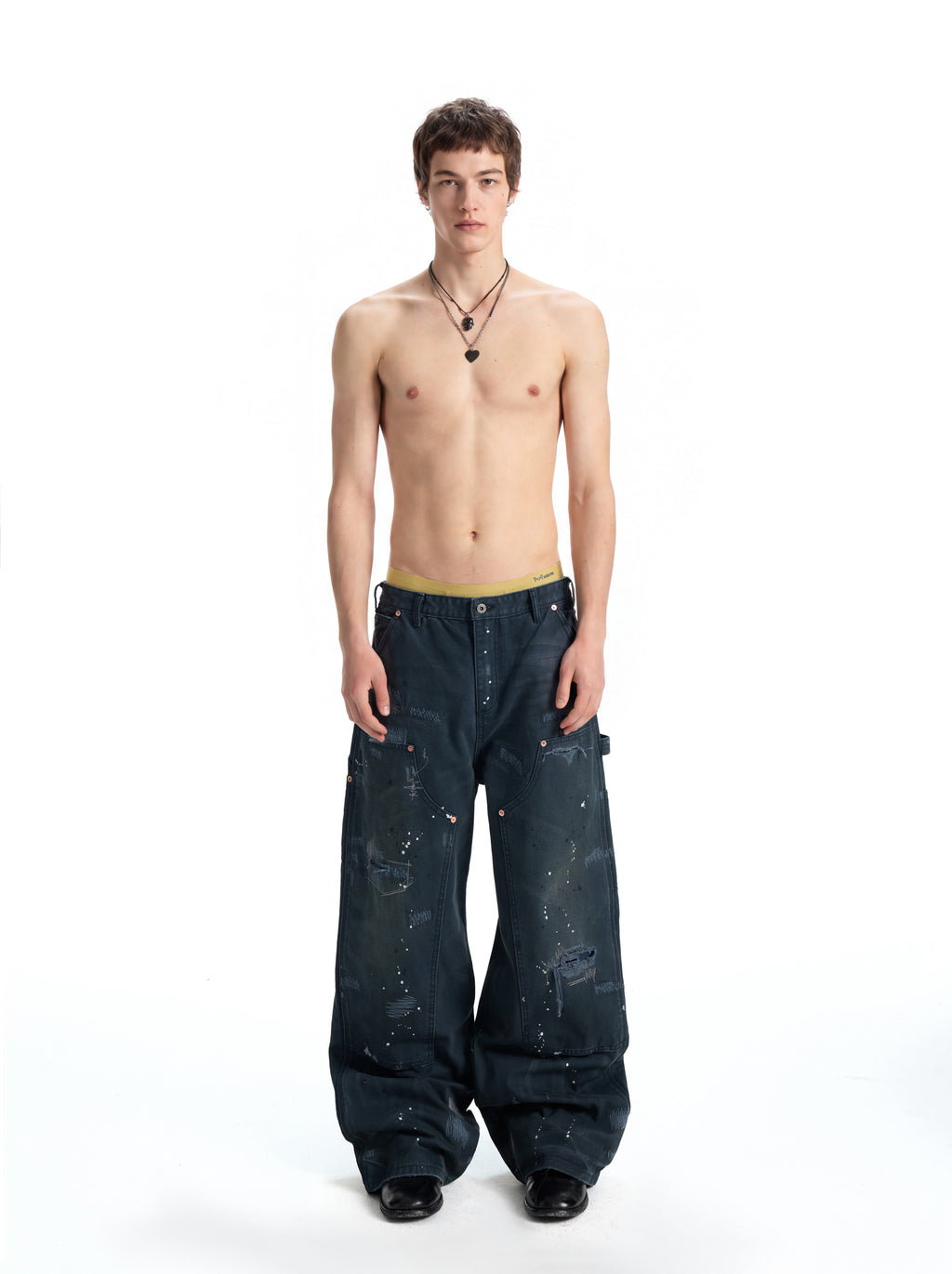 UNCLE RICH Irregular Stitch Patch Green Splatter Logger Pants 008