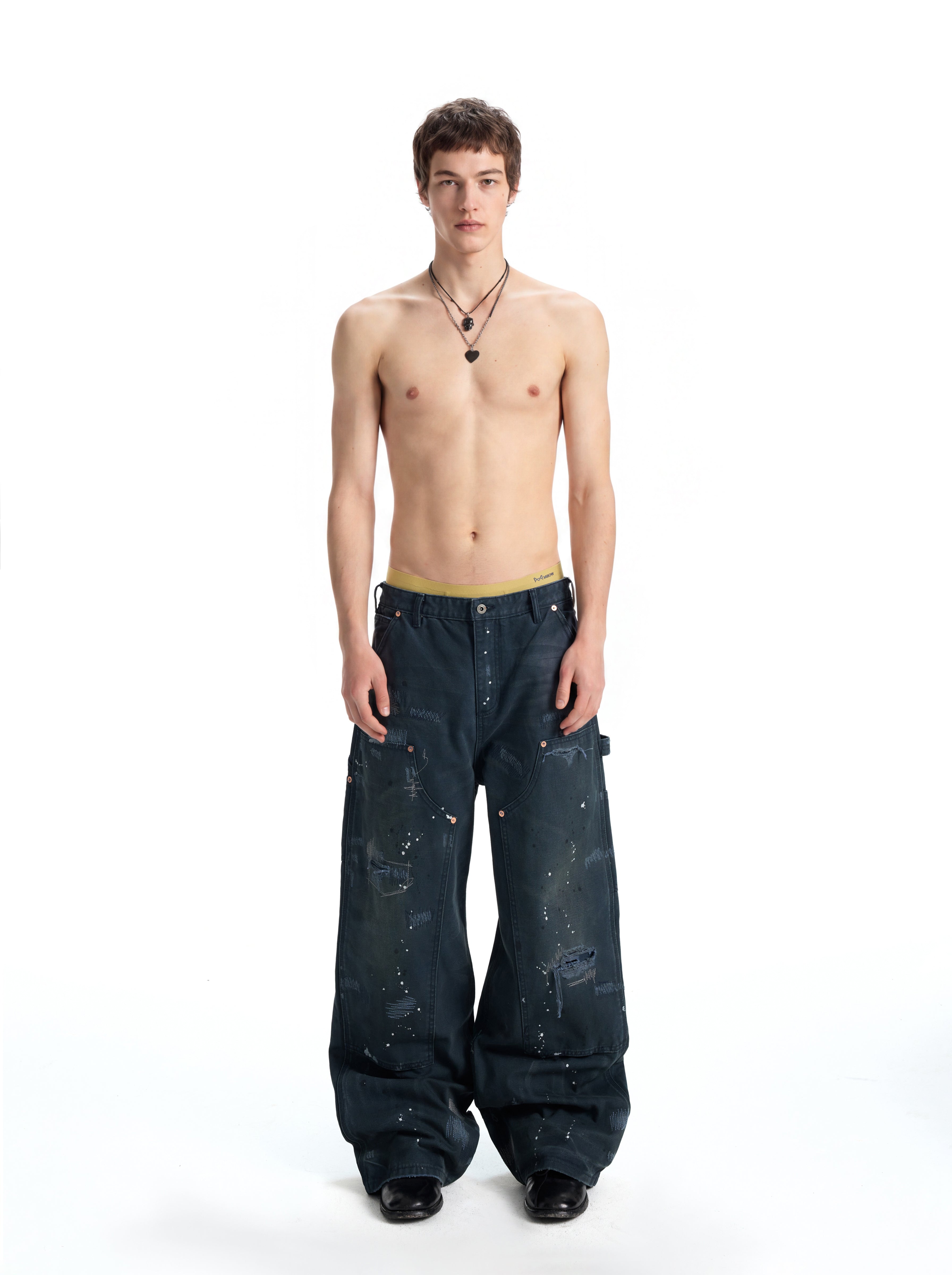 UNCLE RICH Irregular Stitch Patch Green Splatter Logger Pants 008