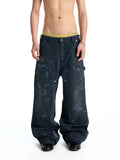 UNCLE RICH Irregular Stitch Patch Green Splatter Logger Pants 008