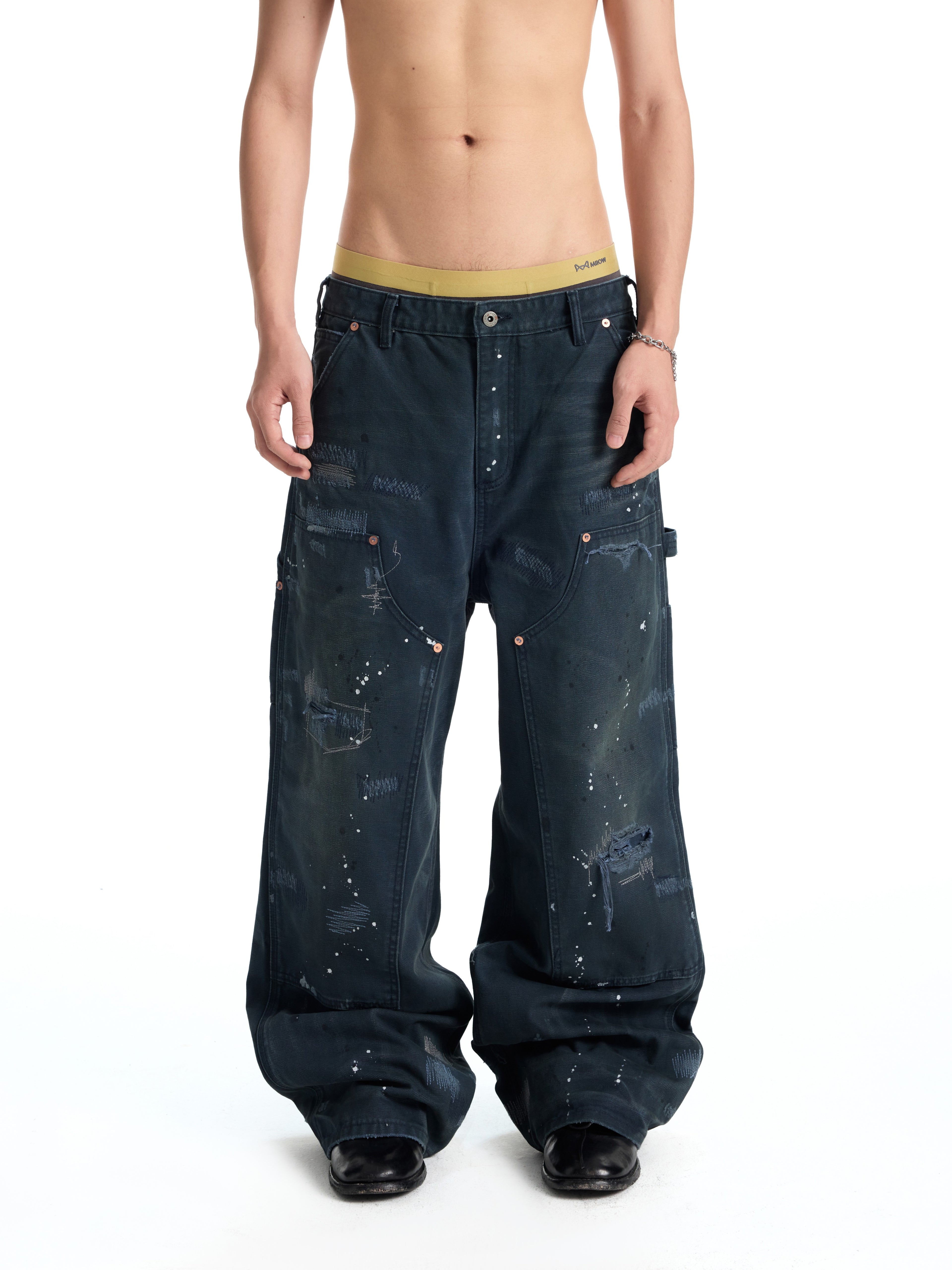 UNCLE RICH Irregular Stitch Patch Green Splatter Logger Pants 008