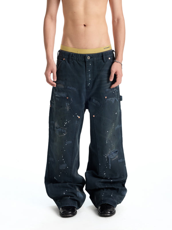 UNCLE RICH Irregular Stitch Patch Green Splatter Logger Pants 008