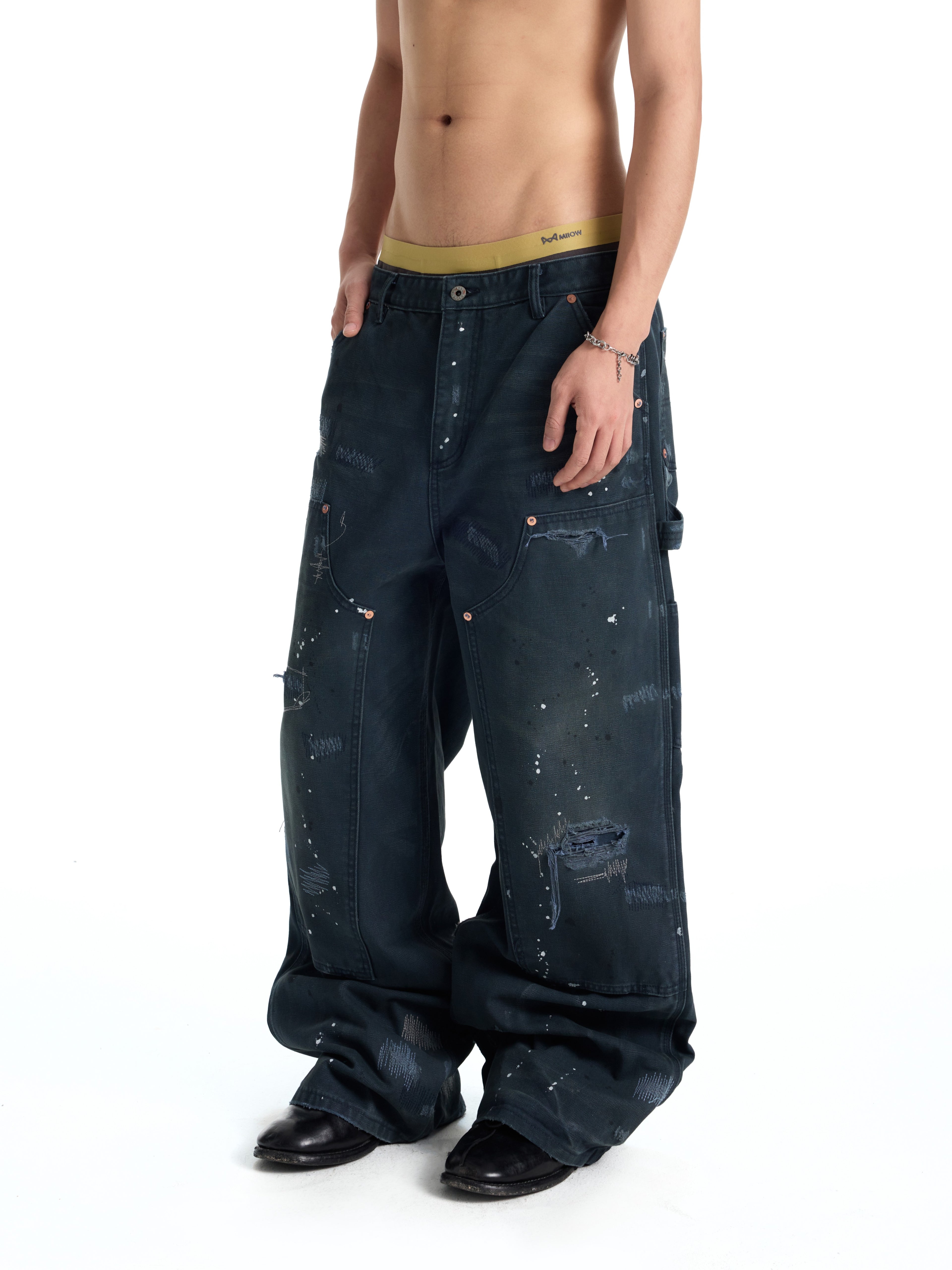 UNCLE RICH Irregular Stitch Patch Green Splatter Logger Pants 008