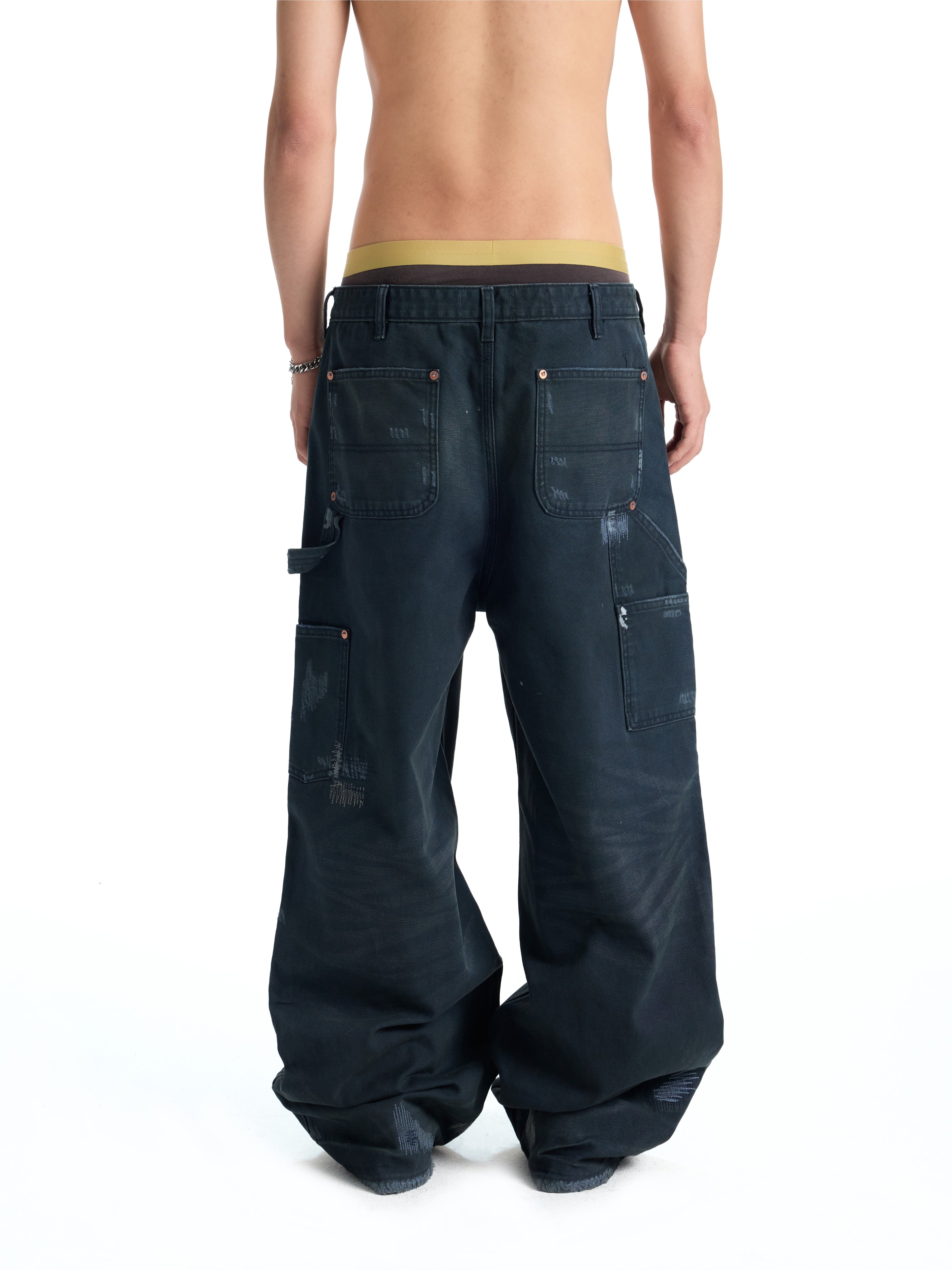 UNCLE RICH Irregular Stitch Patch Green Splatter Logger Pants 008