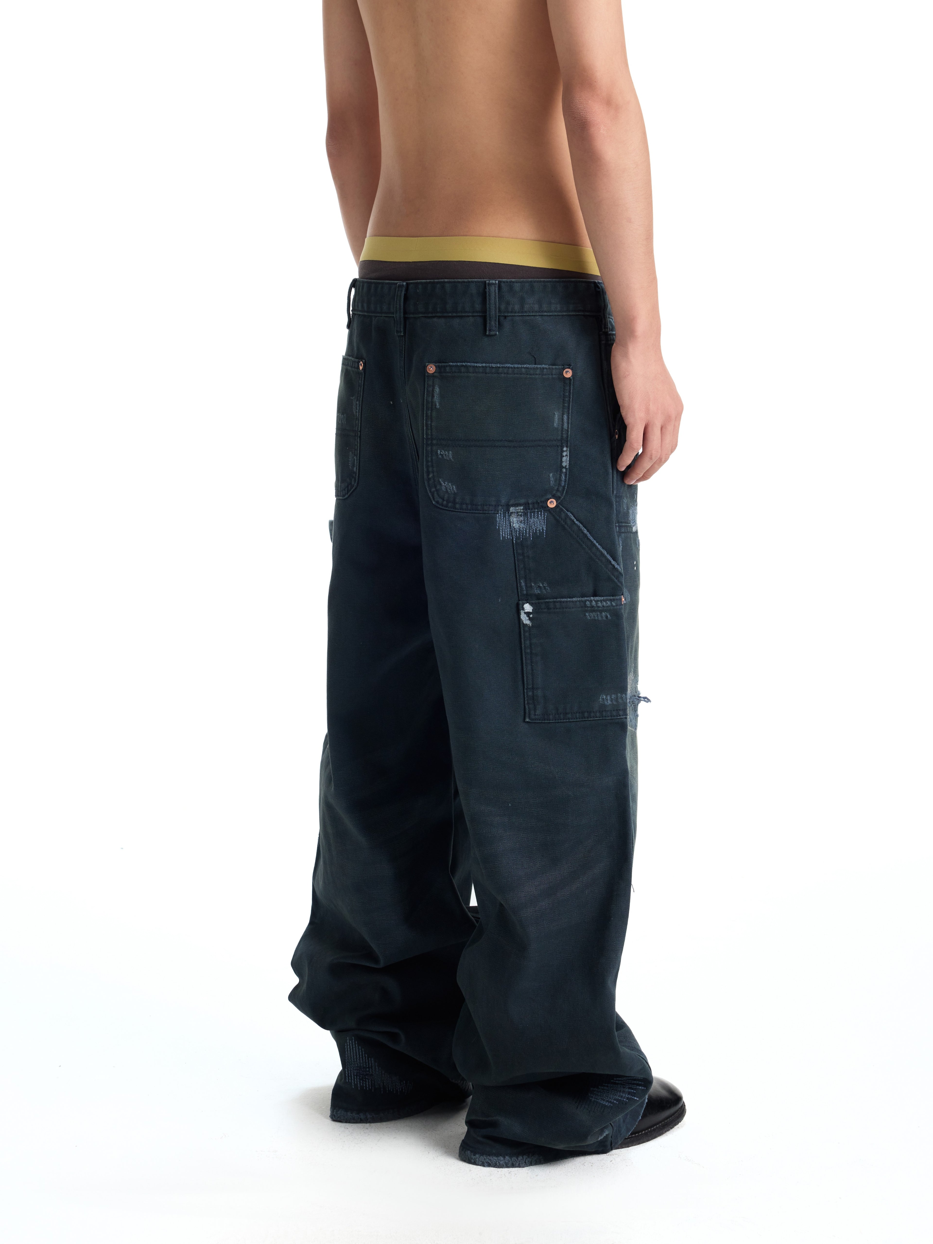 UNCLE RICH Irregular Stitch Patch Green Splatter Logger Pants 008