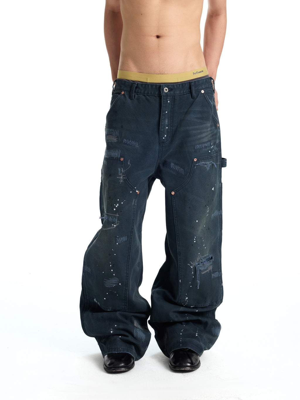 UNCLE RICH Irregular Stitch Patch Green Splatter Logger Pants 008