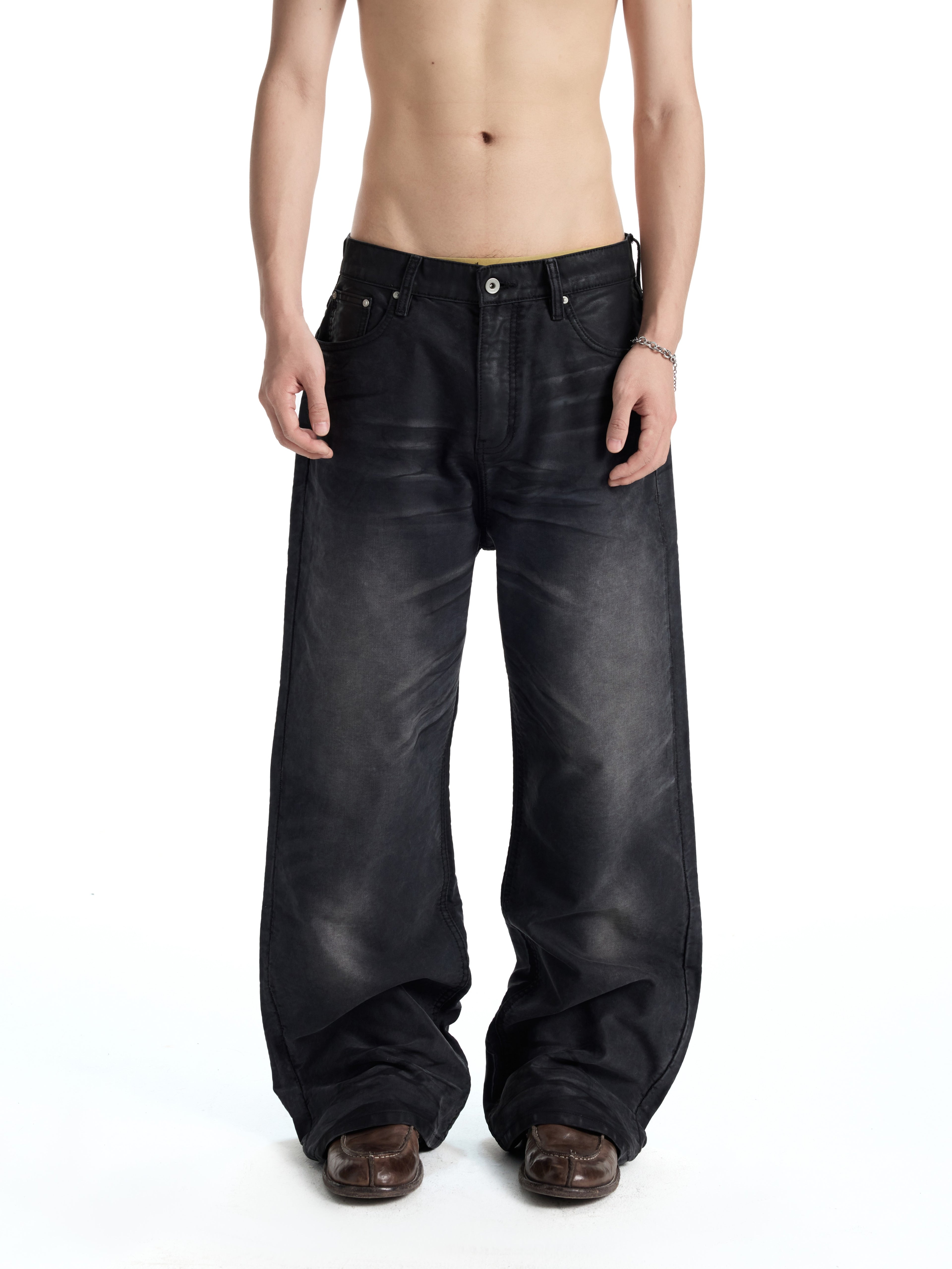 UNCLE RICH Black Mole Skin Semi-Wax A-Line Straight Jeans 009
