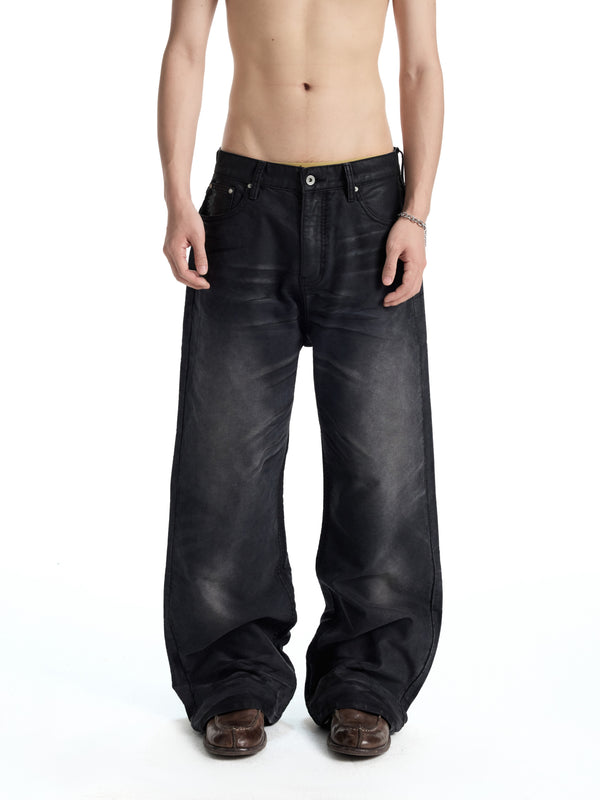 UNCLE RICH Black Mole Skin Semi-Wax A-Line Straight Jeans 009