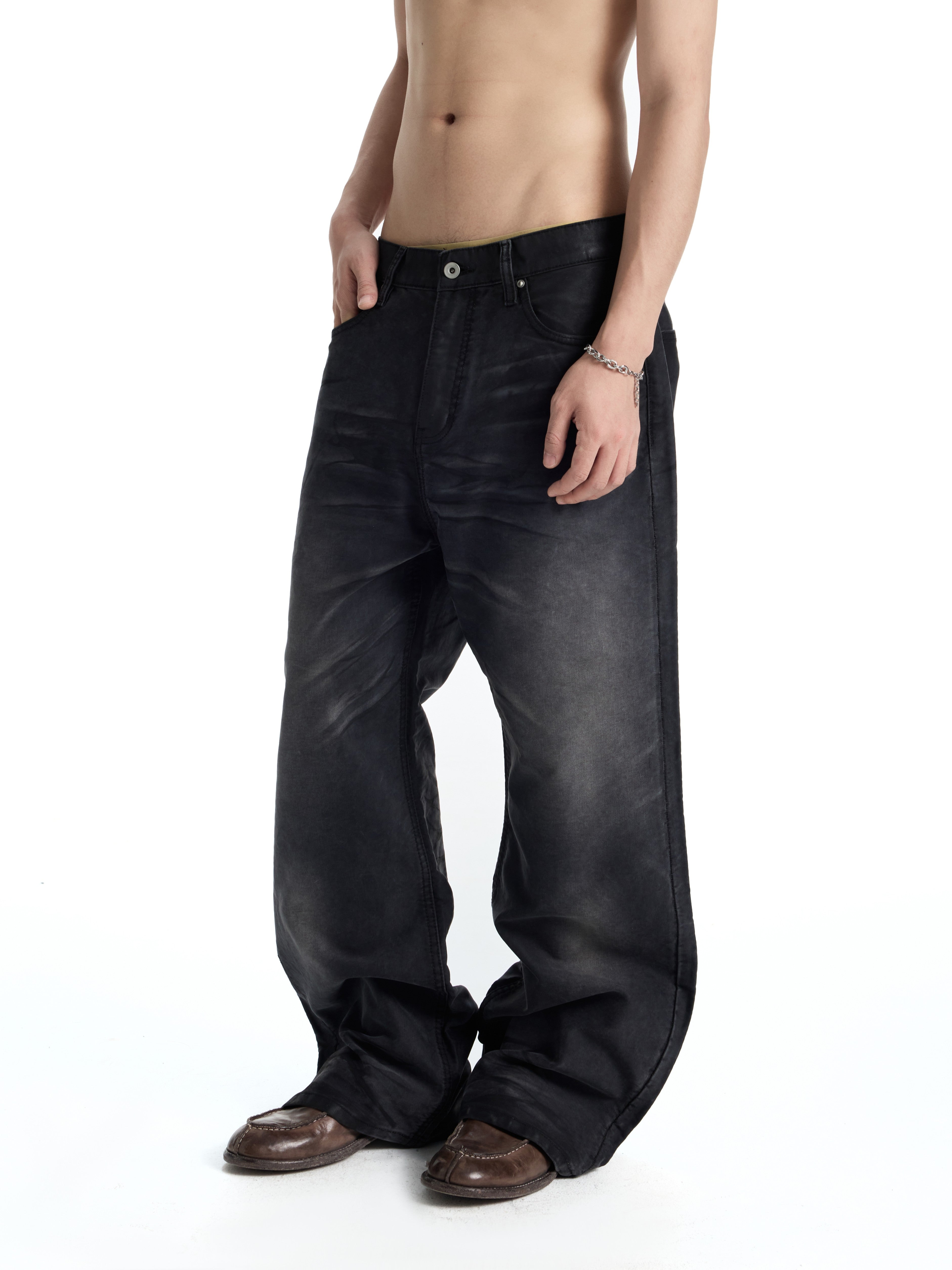 UNCLE RICH Black Mole Skin Semi-Wax A-Line Straight Jeans 009