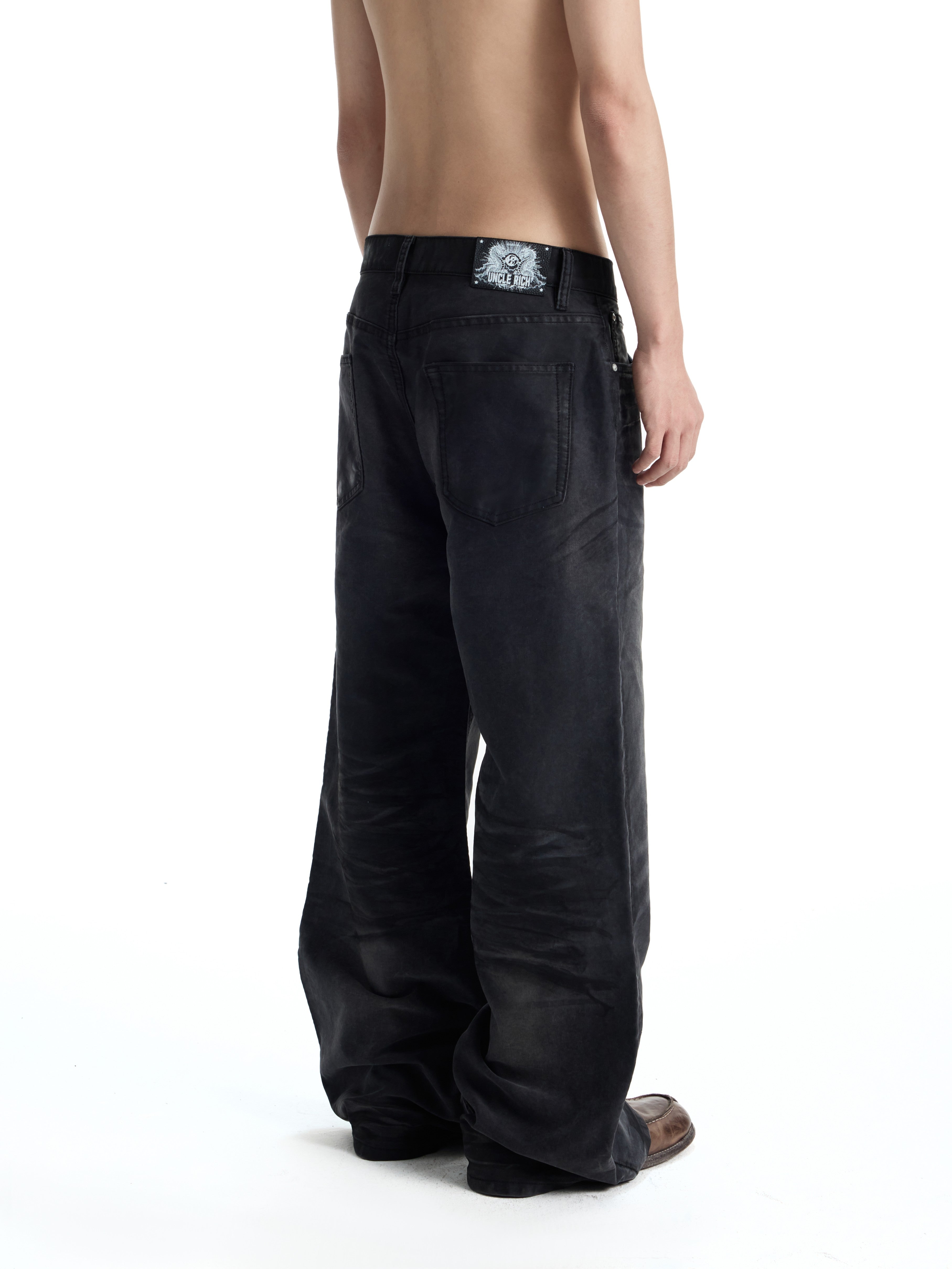 UNCLE RICH Black Mole Skin Semi-Wax A-Line Straight Jeans 009